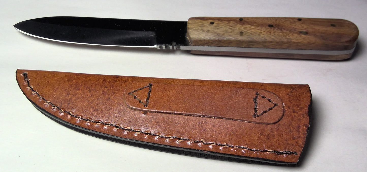 Knife with wooden handle and leather sheath on a white background