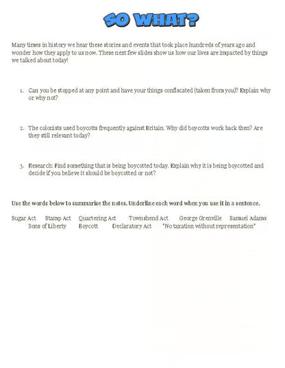 No Taxation Without Representation Notes PowerPoint Lesson Plan
