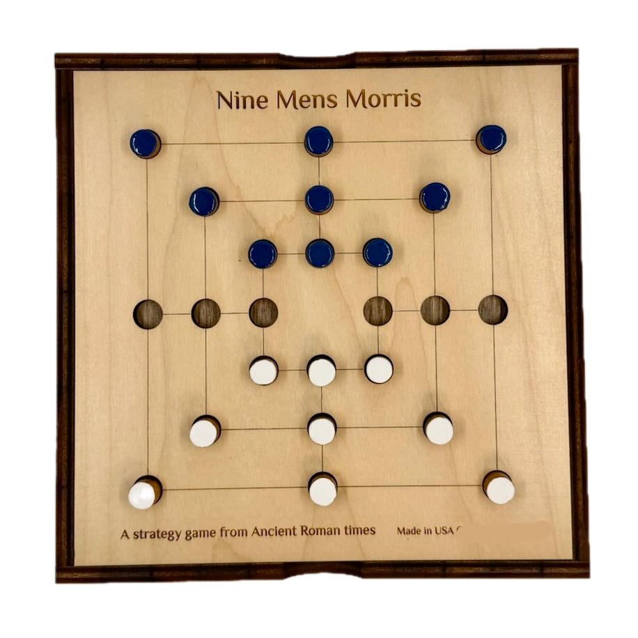 Wooden Nine Men's Morris game board with pieces on a white background