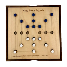 Wooden Nine Men's Morris game board with pieces on a white background