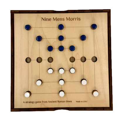 Wooden Nine Men's Morris game board with pieces on a white background