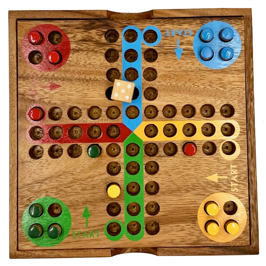 Wooden Ludo board game with colored pieces on a white background
