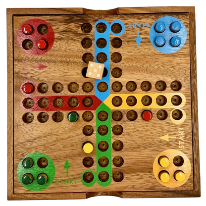 Wooden Ludo board game with colored pieces on a white background