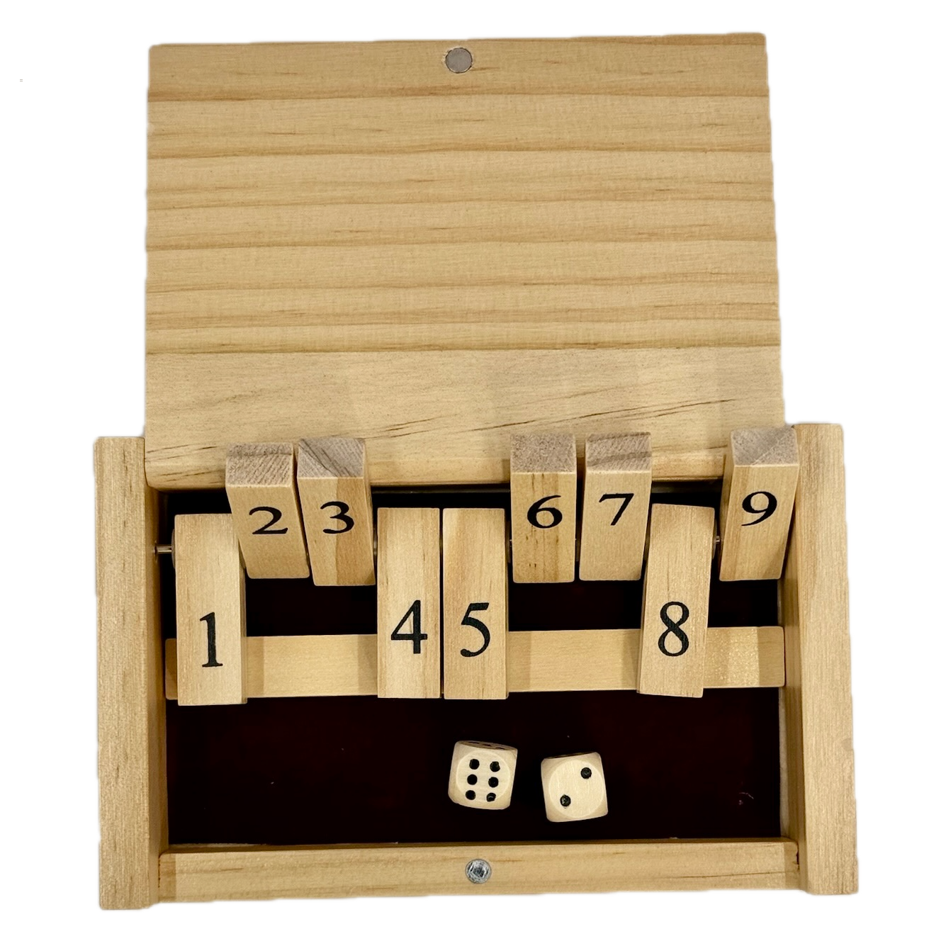 Miniature wooden Shut the Box game with numbered blocks and two dice on a white background