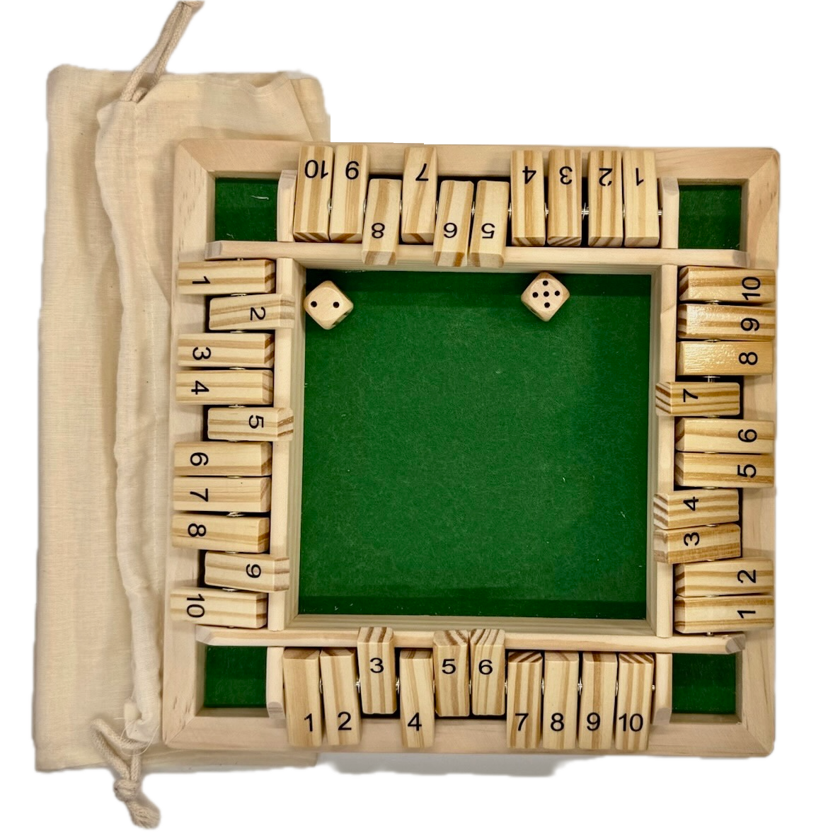 Wooden Shut the Box game with a green fabric interior surface, on a white background.