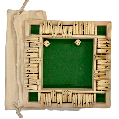 Wooden Shut the Box game with a green fabric interior surface, on a white background.