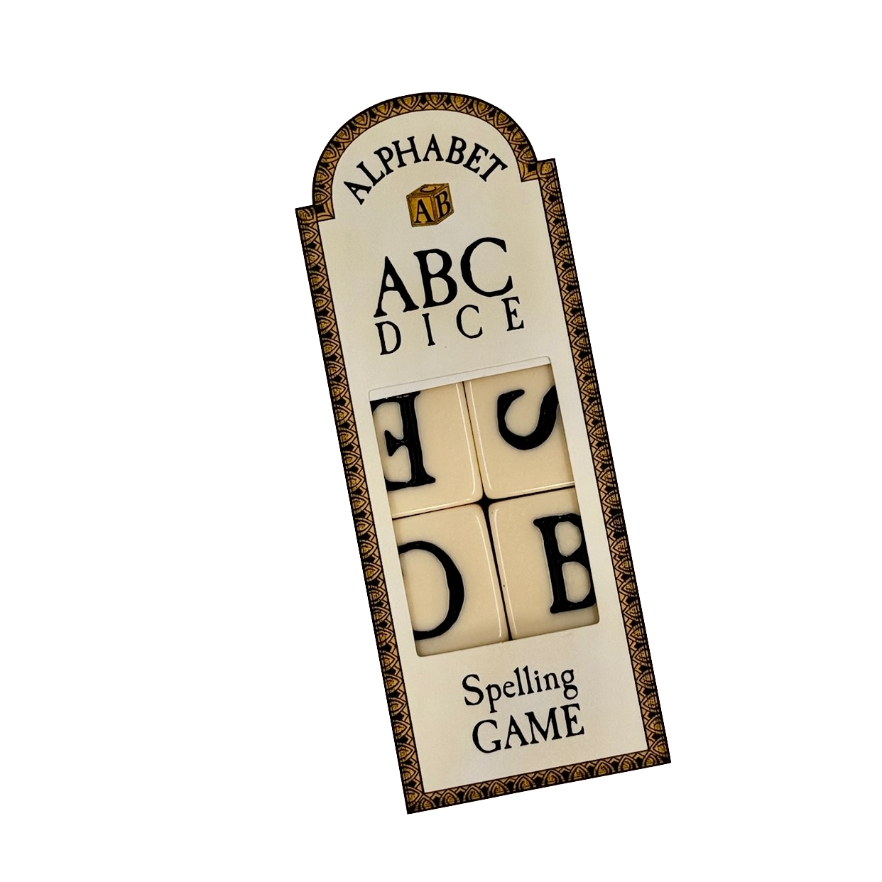 Box of ABC Dice spelling game with letter dice inside