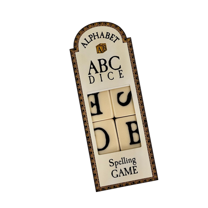 Box of ABC Dice spelling game with letter dice inside