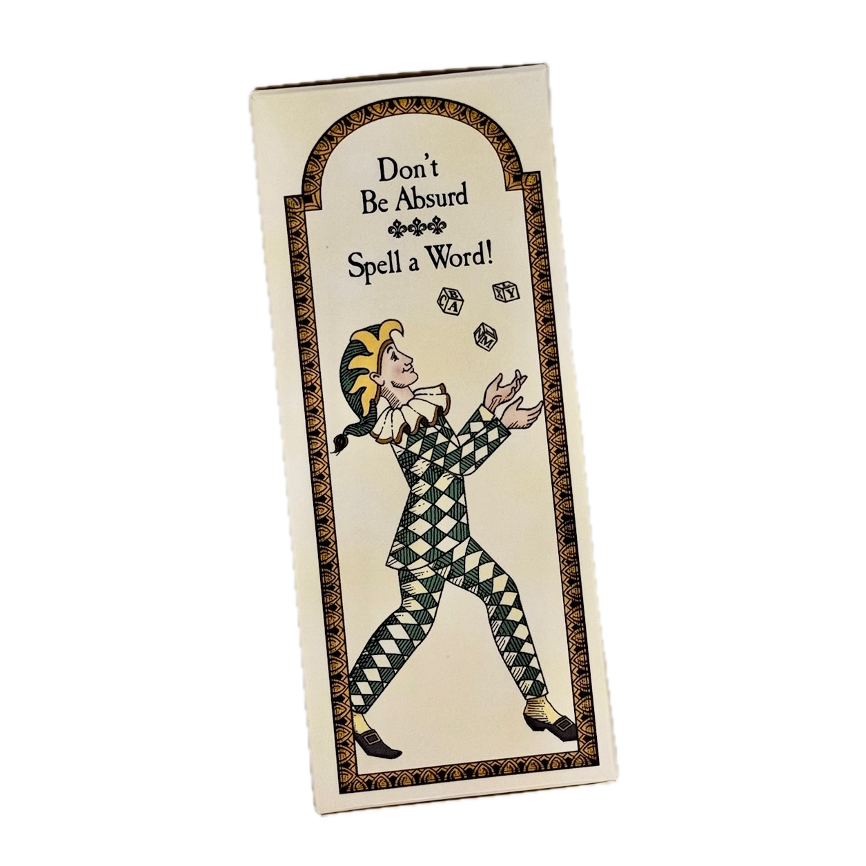 Box with a jester design and text 'Don't Be Absurd Spell a Word!' on a white background