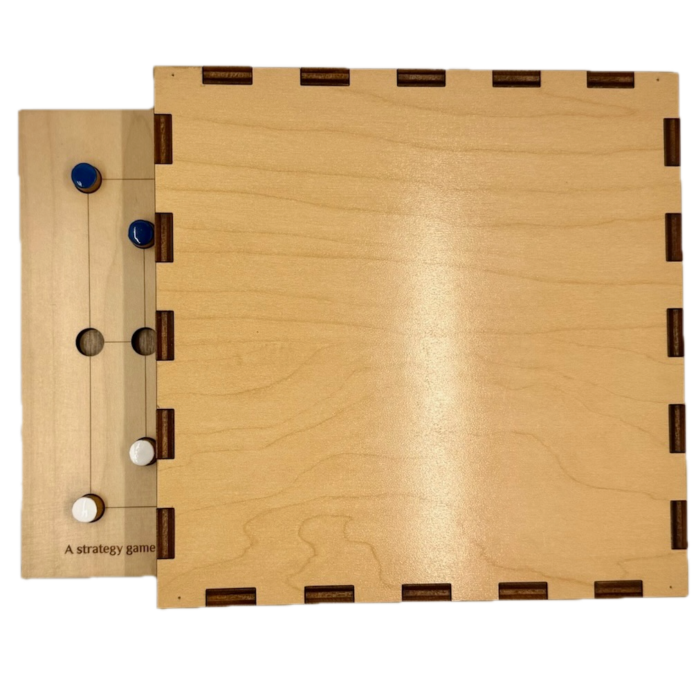 Back of wooden Nine Men's Morris game board box with pieces on a white background