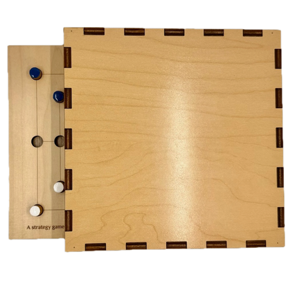Back of wooden Nine Men's Morris game board box with pieces on a white background