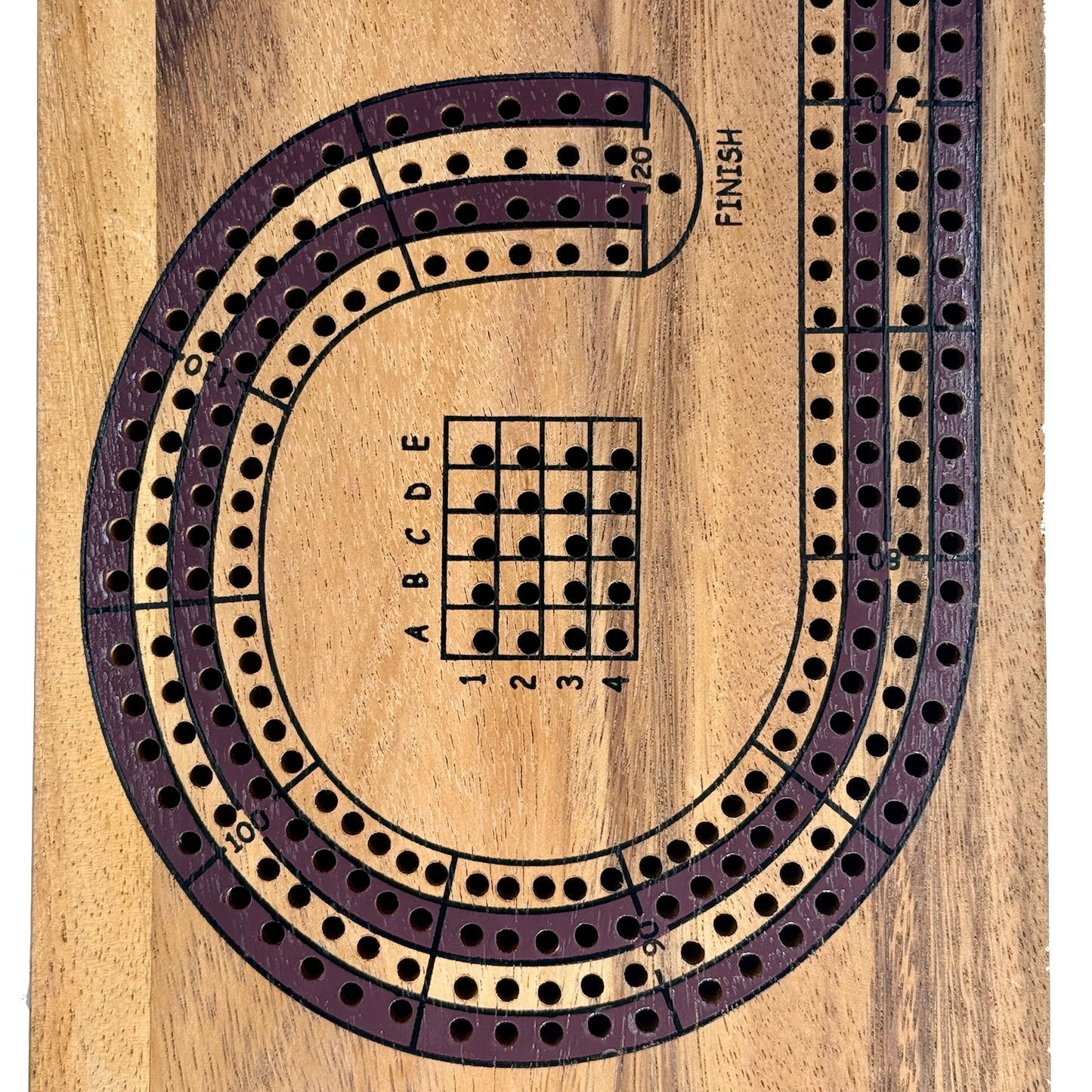 Wooden cribbage board with multiple tracks and a scoring grid.