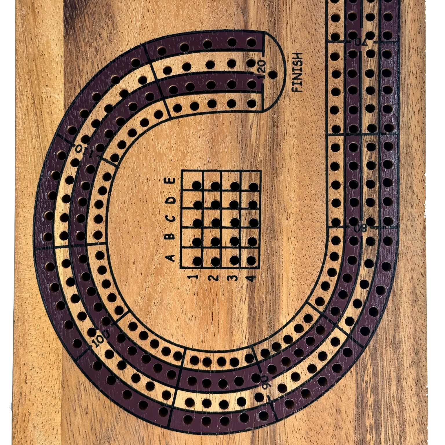 Wooden cribbage board with multiple tracks and a scoring grid.