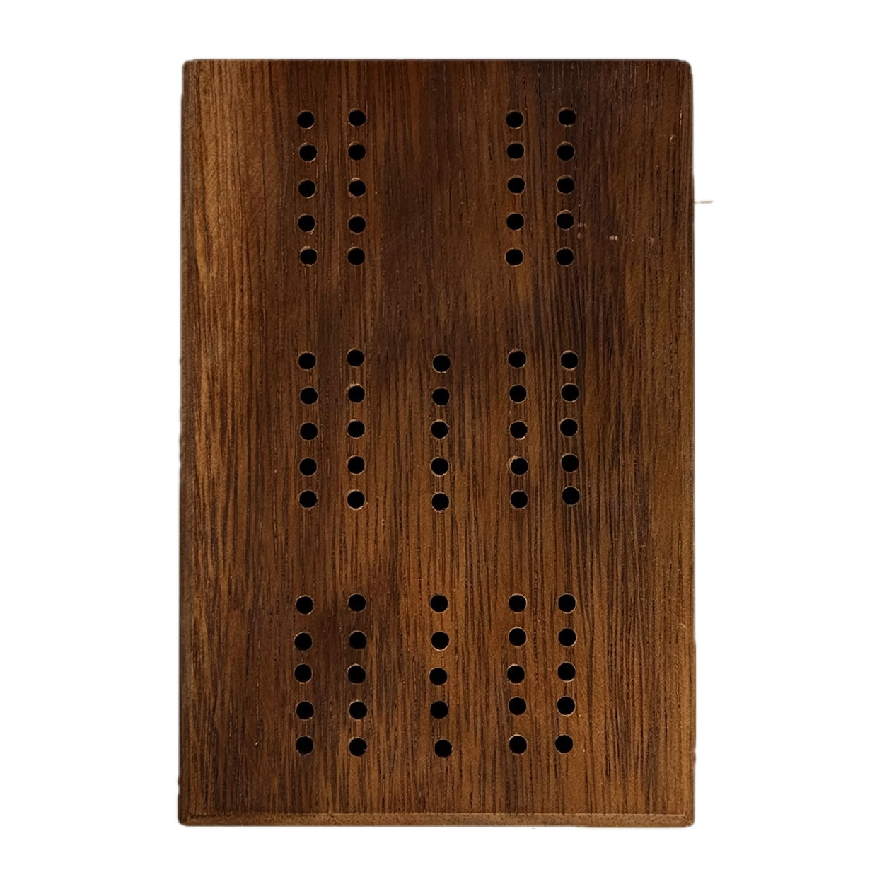 Wooden Cribbage board with holes on a white background