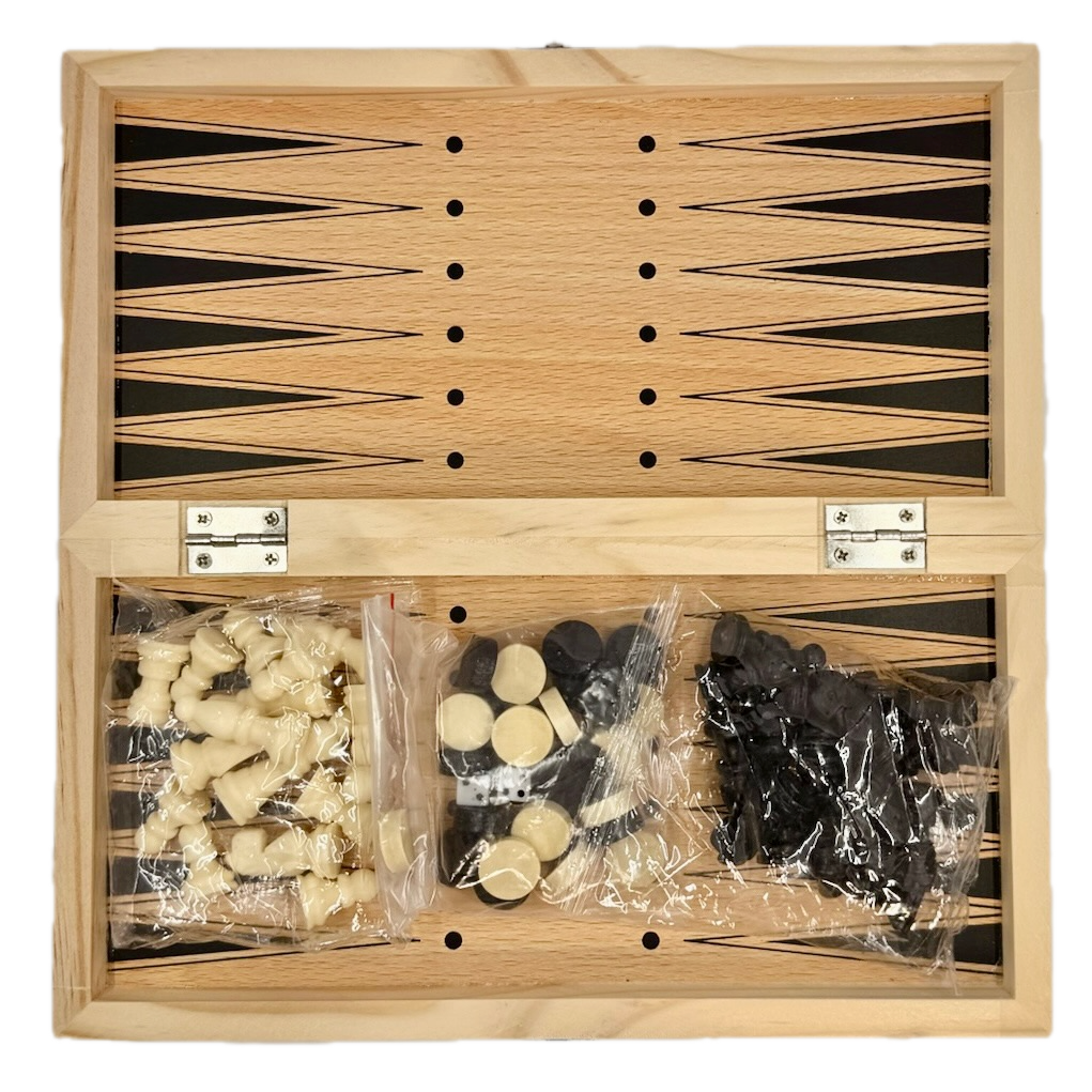 Wooden backgammon set with pieces in clear bags on a white background
