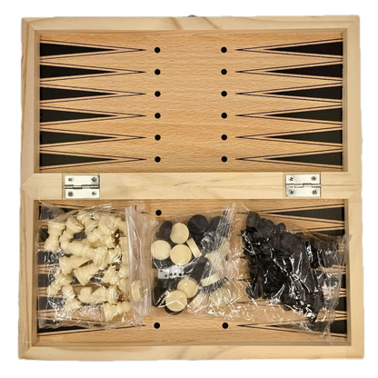 Wooden backgammon set with pieces in clear bags on a white background