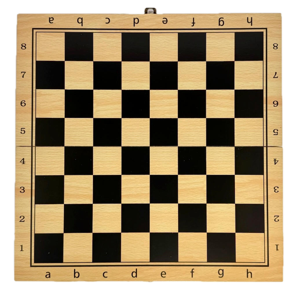 Wooden chessboard with lettered and numbered squares on a white background