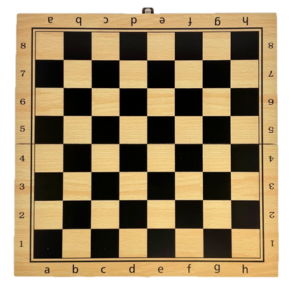 Wooden chessboard with lettered and numbered squares on a white background