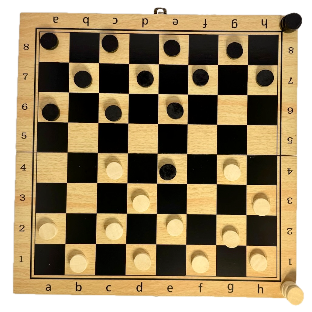 Wooden checkers board with black and white pieces on a white background
