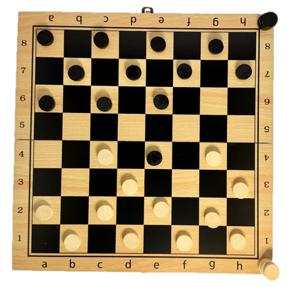 Wooden checkers board with black and white pieces on a white background