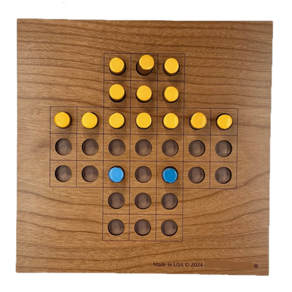 Wooden Solitaire game board with yellow and blue pieces 