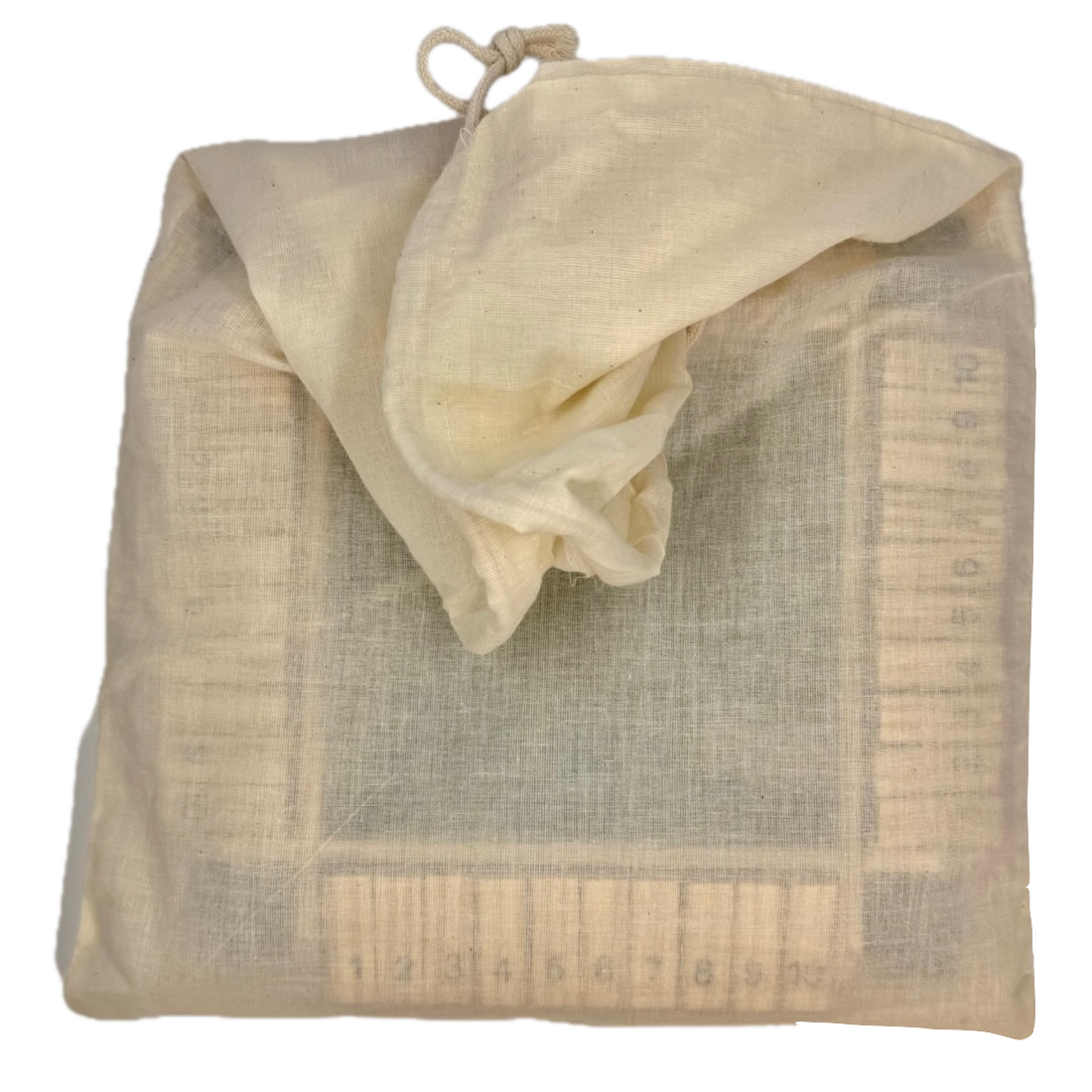 Beige drawstring bag containing wooden Shut the Box game