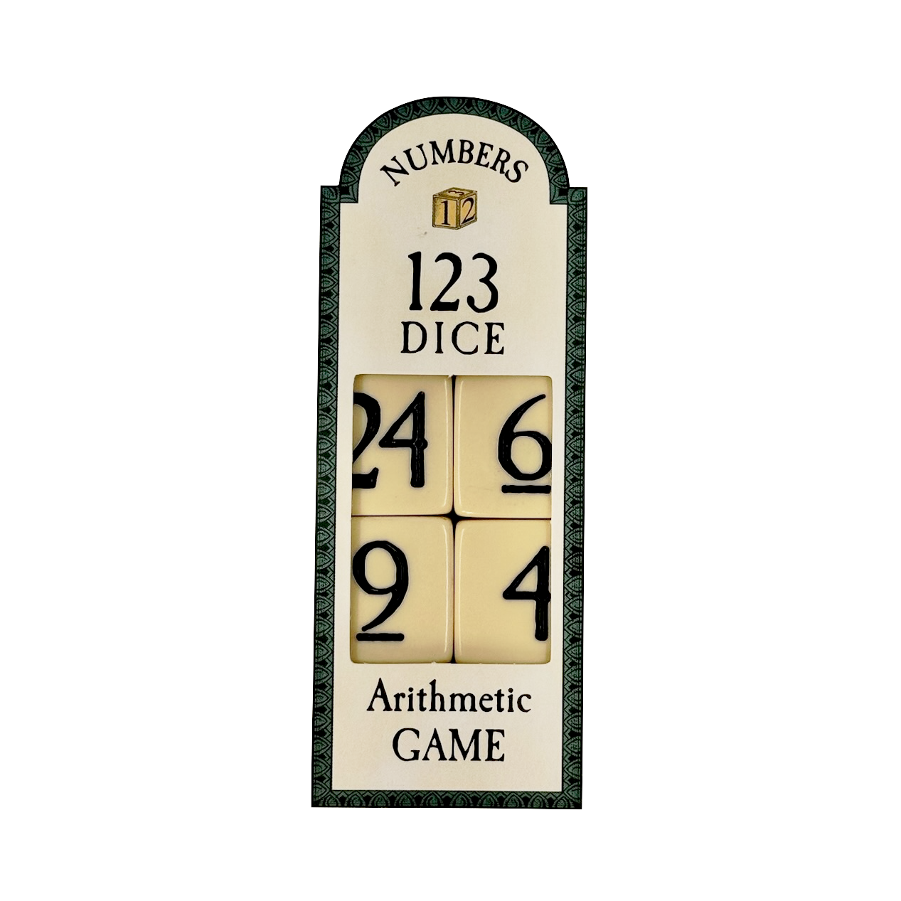 Numbers dice arithmetic game with four square tiles showing numbers on a white background