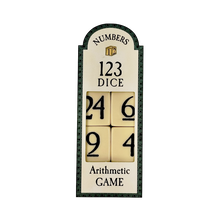 Numbers dice arithmetic game with four square tiles showing numbers on a white background