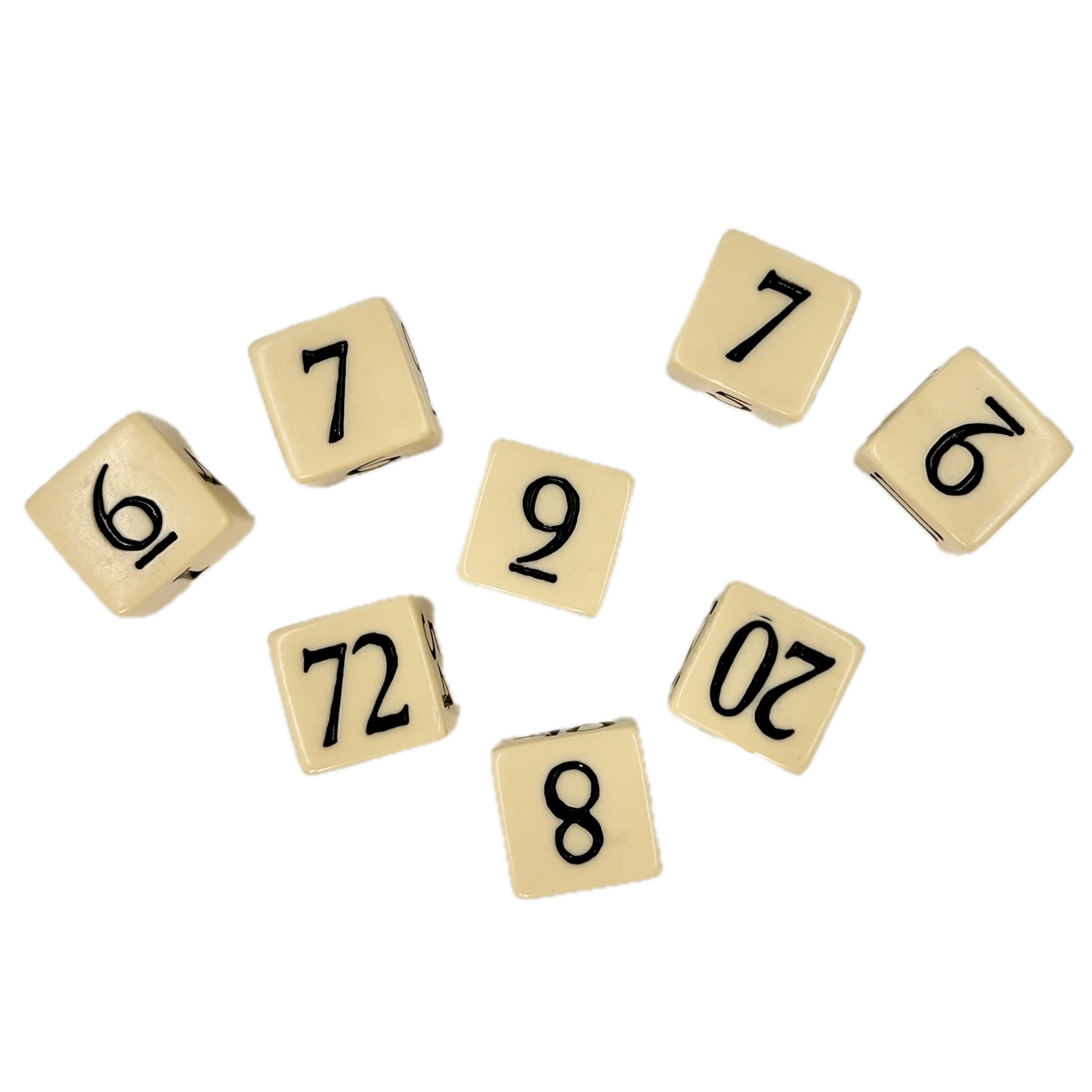 Set of beige dice with black numbers on a white background