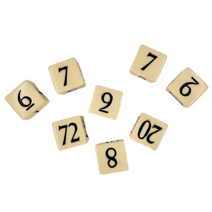 Set of beige dice with black numbers on a white background