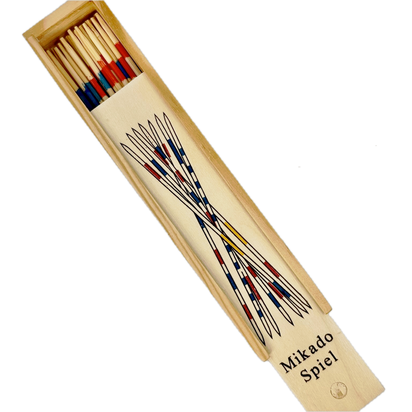 Mikado Spiel game set in a wooden box on a white background