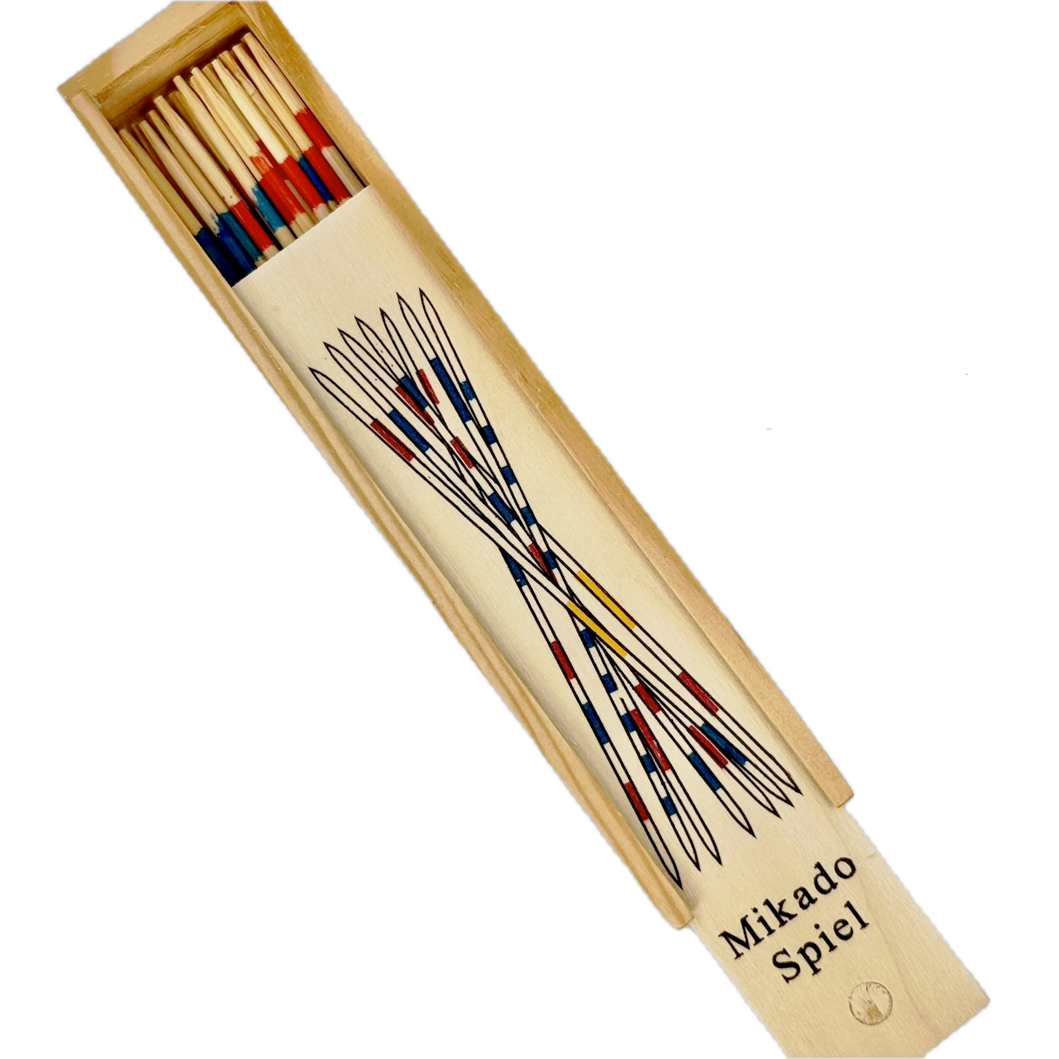 Mikado Spiel game set in a wooden box on a white background