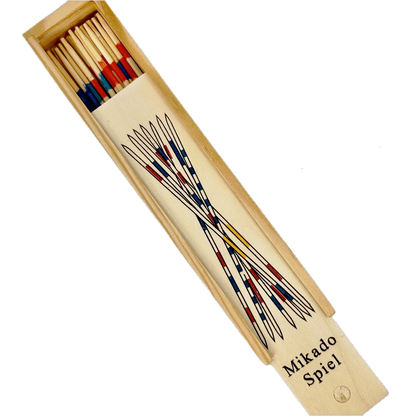 Mikado Spiel game set in a wooden box on a white background