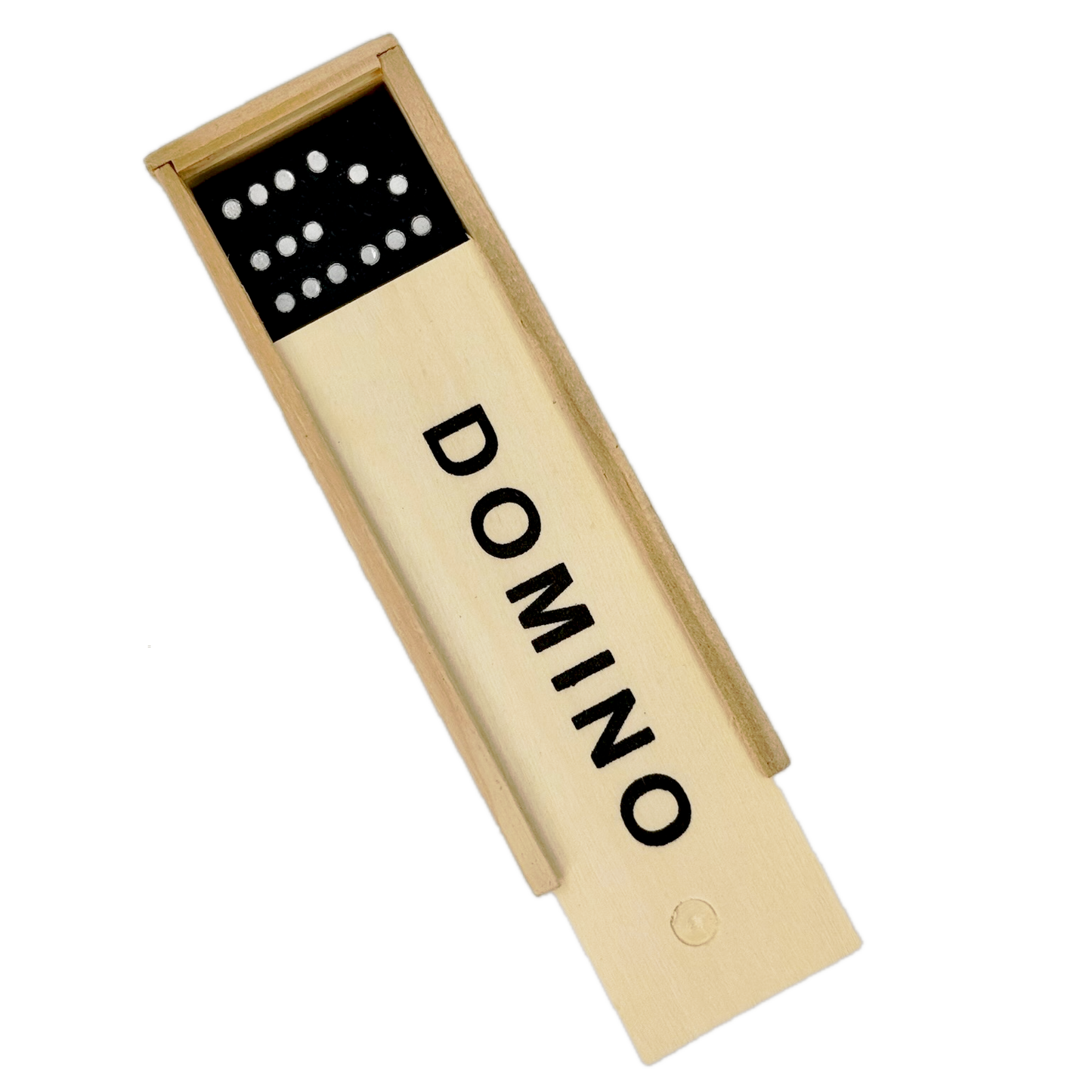 Beige domino box with black text on a white background