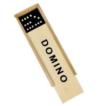 Beige domino box with black text on a white background