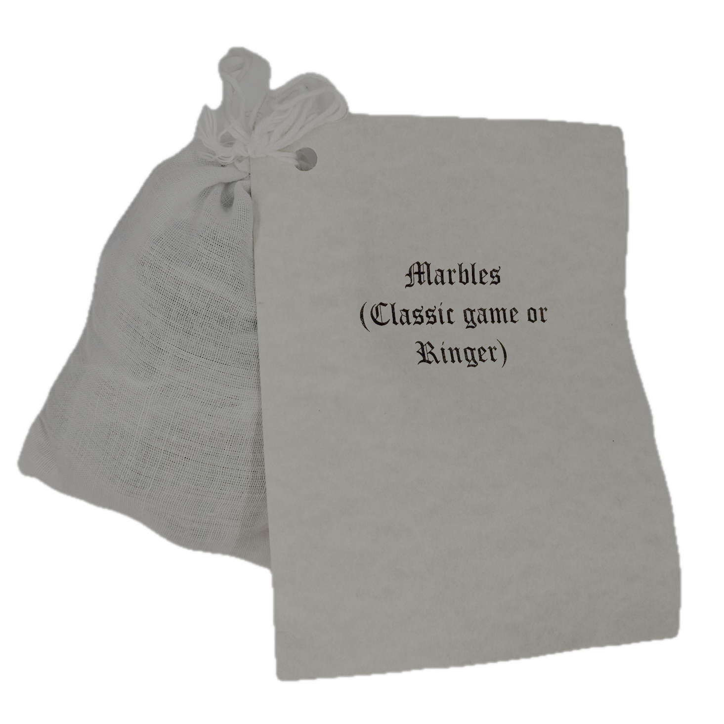 White drawstring bag with text "Marbles (Classic Game or Ringer)" on a white background