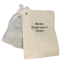 White drawstring bag with text "Marbles (Classic Game or Ringer)" on a white background