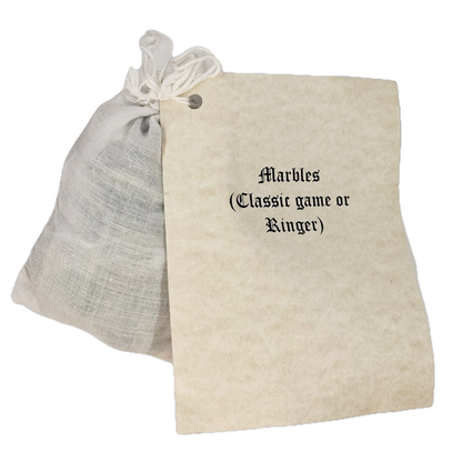 White drawstring bag with text "Marbles (Classic Game or Ringer)" on a white background