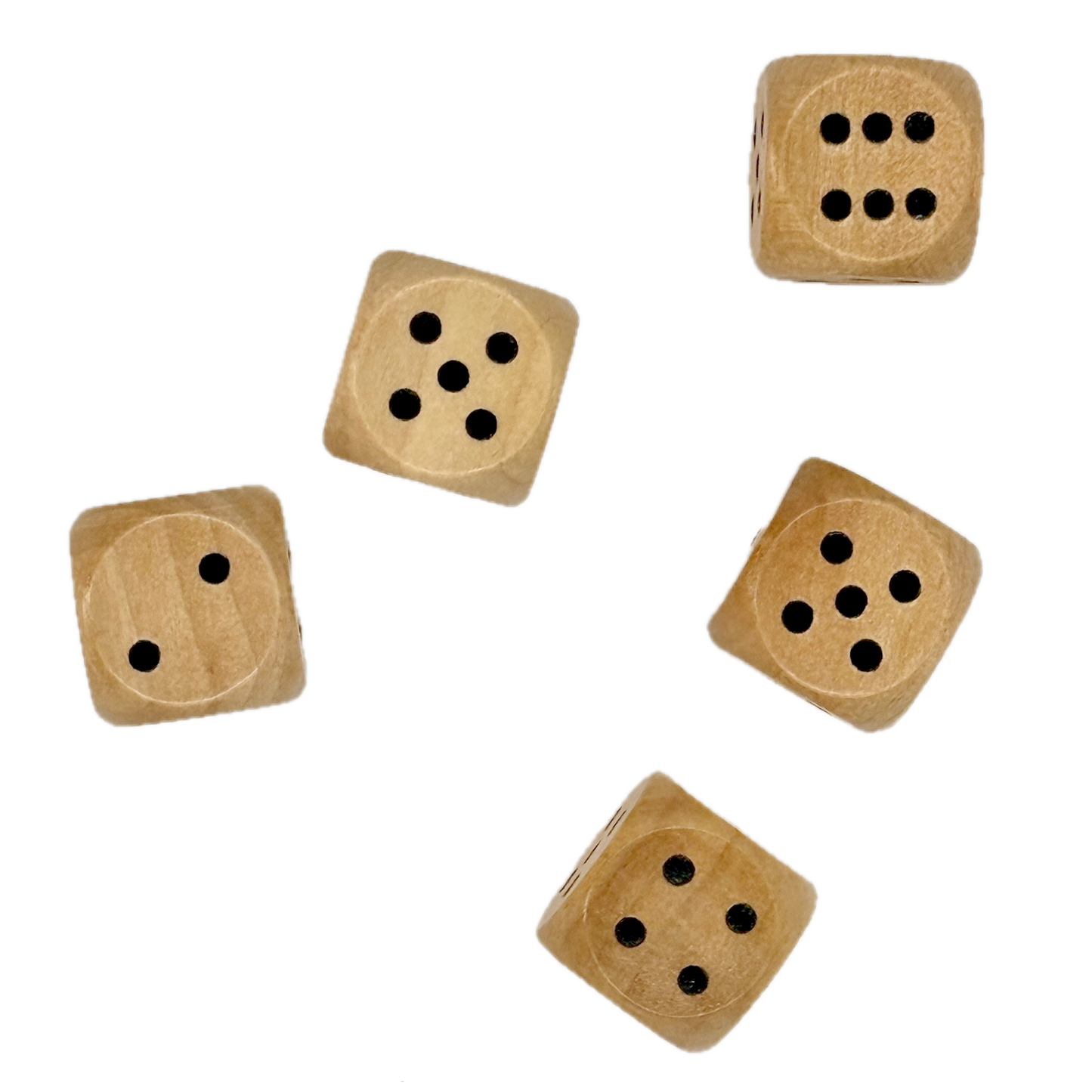 Five brown wooden dice with black dots on a white background