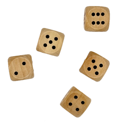 Five brown wooden dice with black dots on a white background