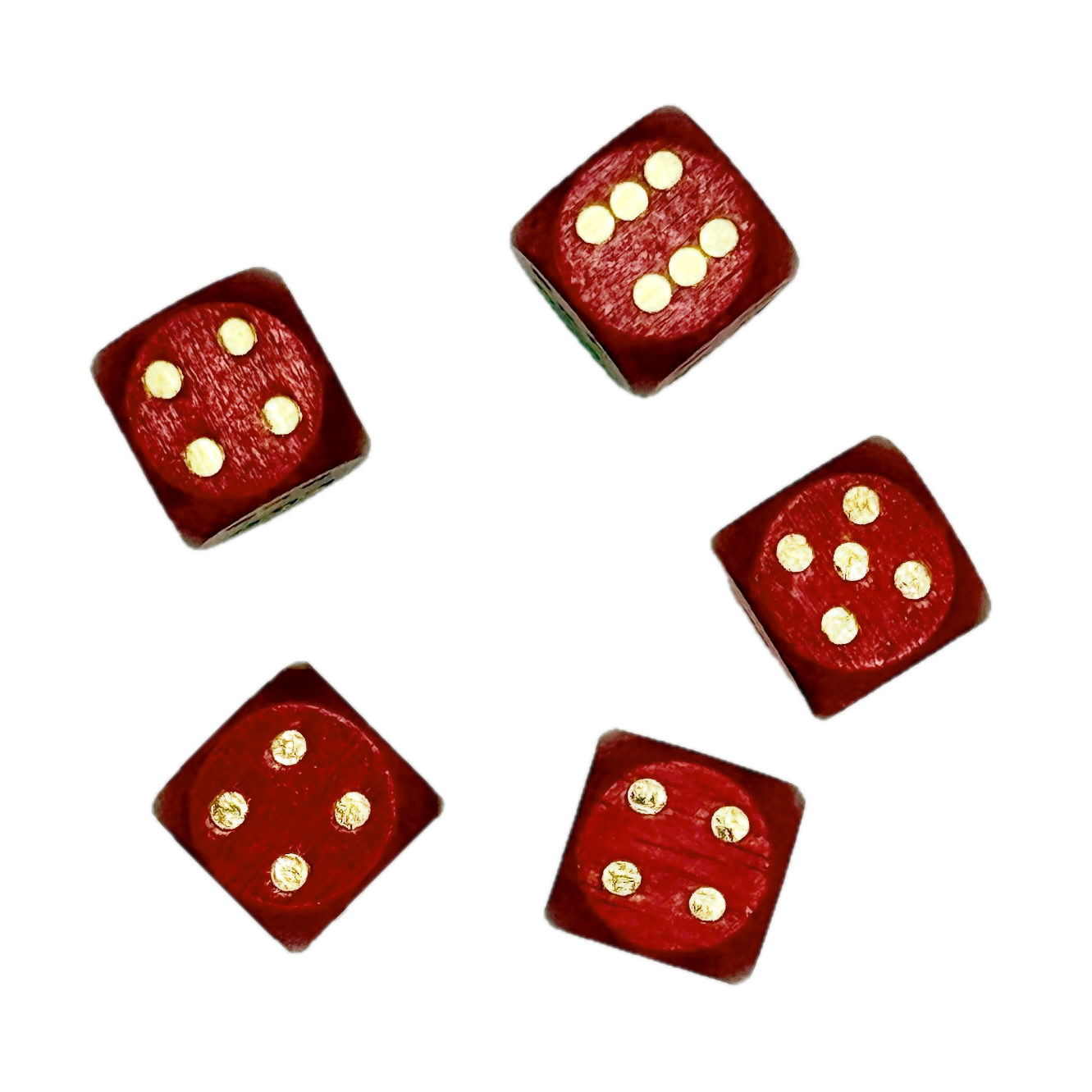 Five red wood dice with gold dots on a white background
