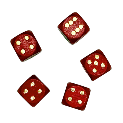 Five red wood dice with gold dots on a white background