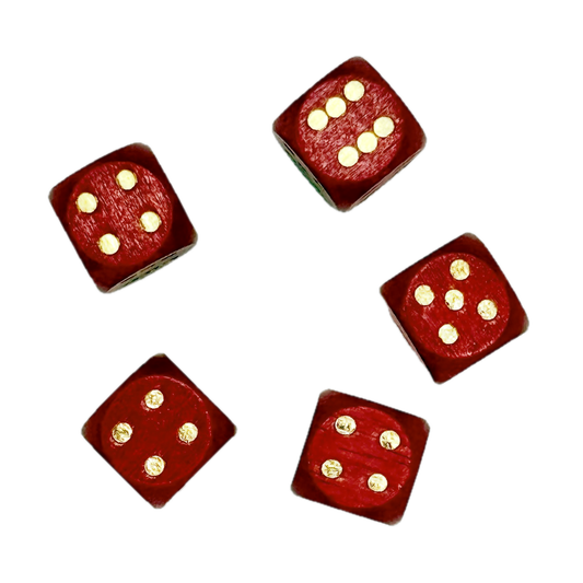 Five red wood dice with gold dots on a white background
