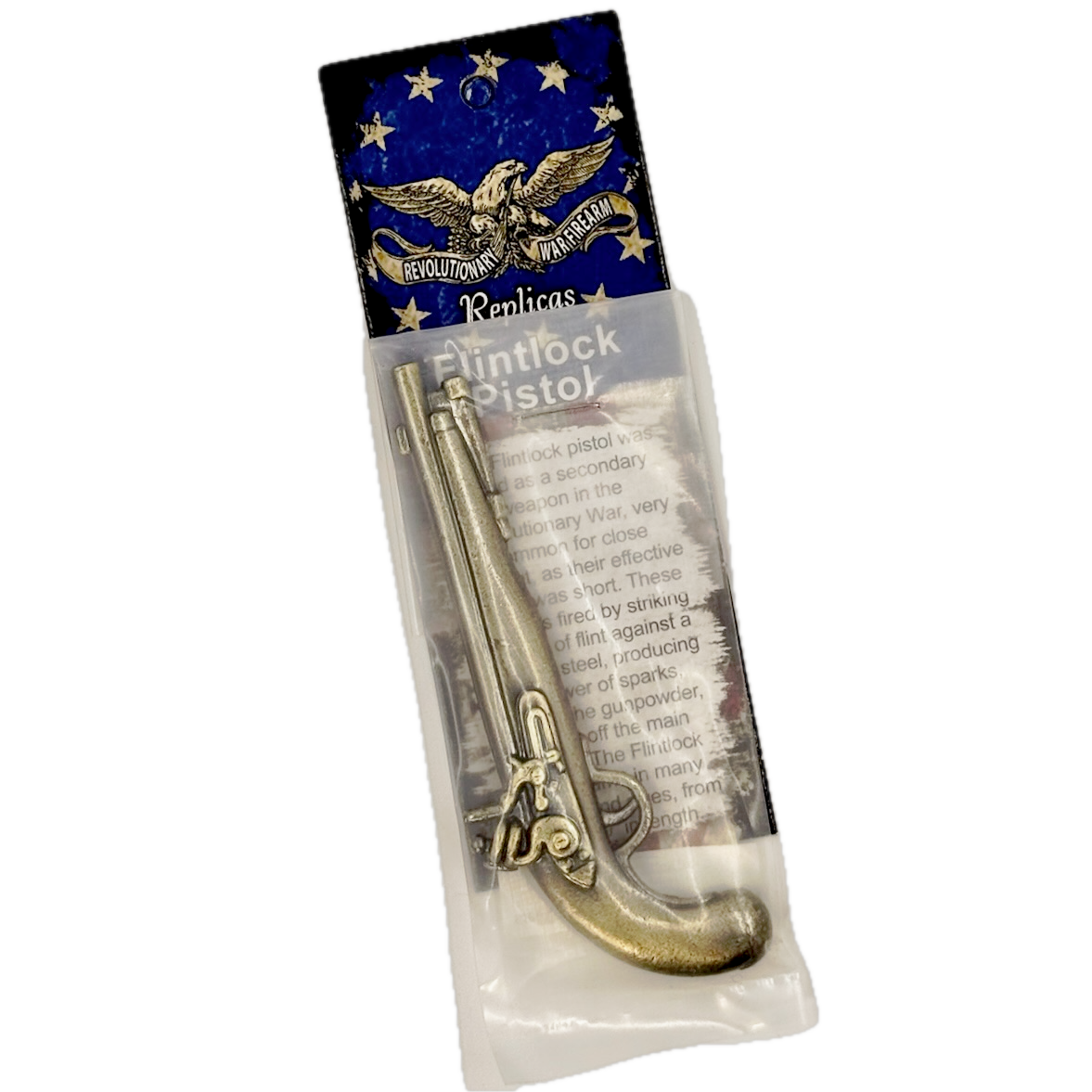 Packaged toy replica flintlock pistol in packaging on a white background