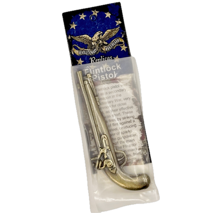 Packaged toy replica flintlock pistol in packaging on a white background