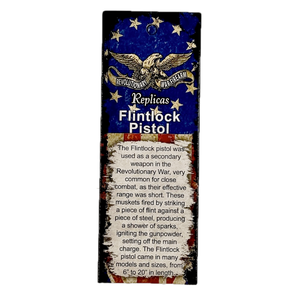 Flintlock pistol replica packaging with text and an eagle emblem on a blue background.