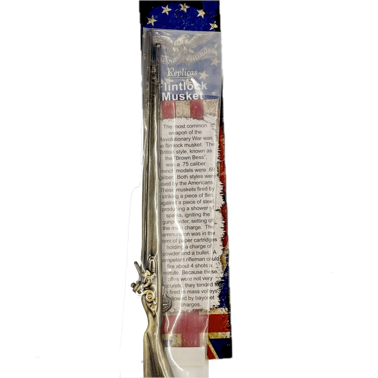Packaged historical toy musket with detailed text on the packaging.