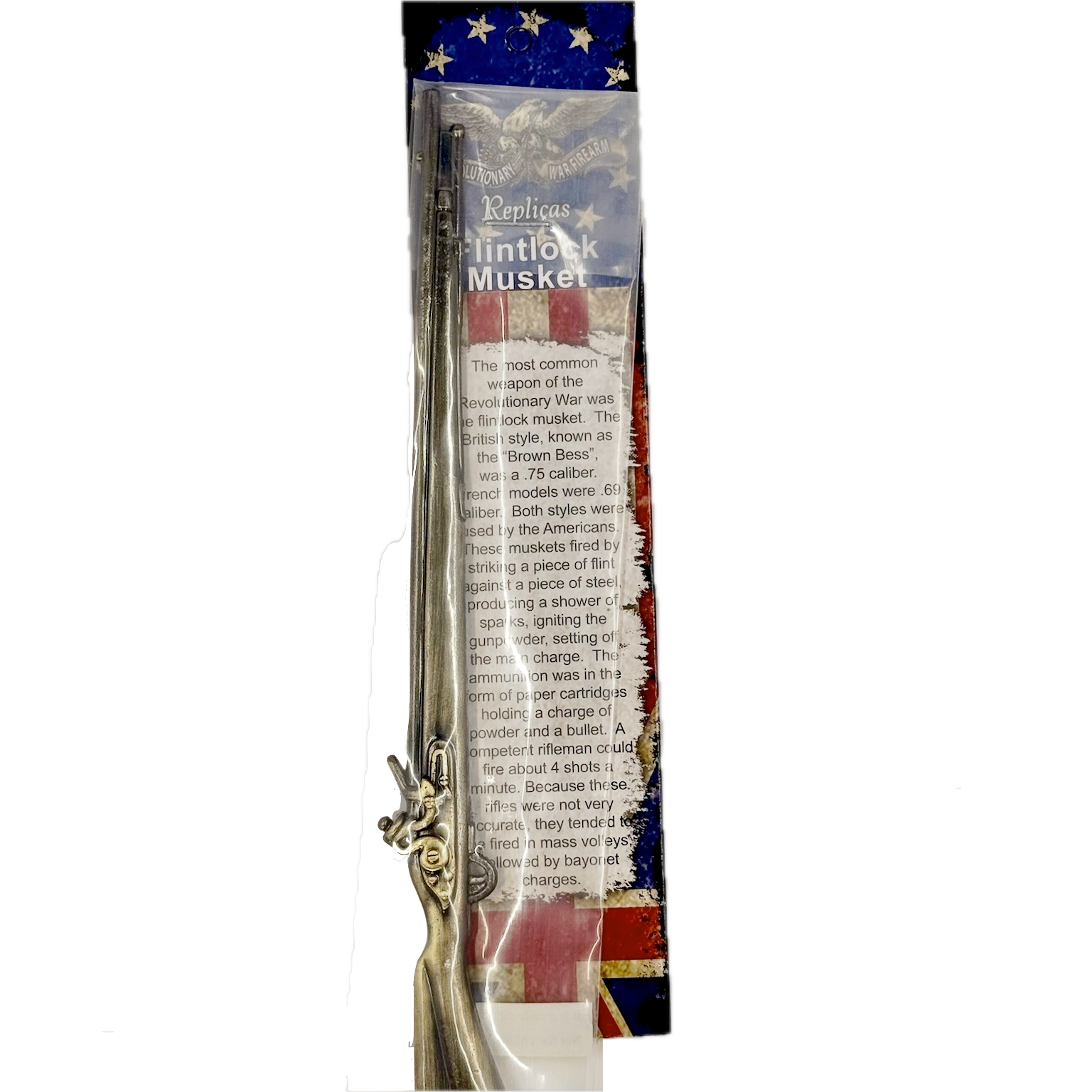 Packaged historical toy musket with detailed text on the packaging.