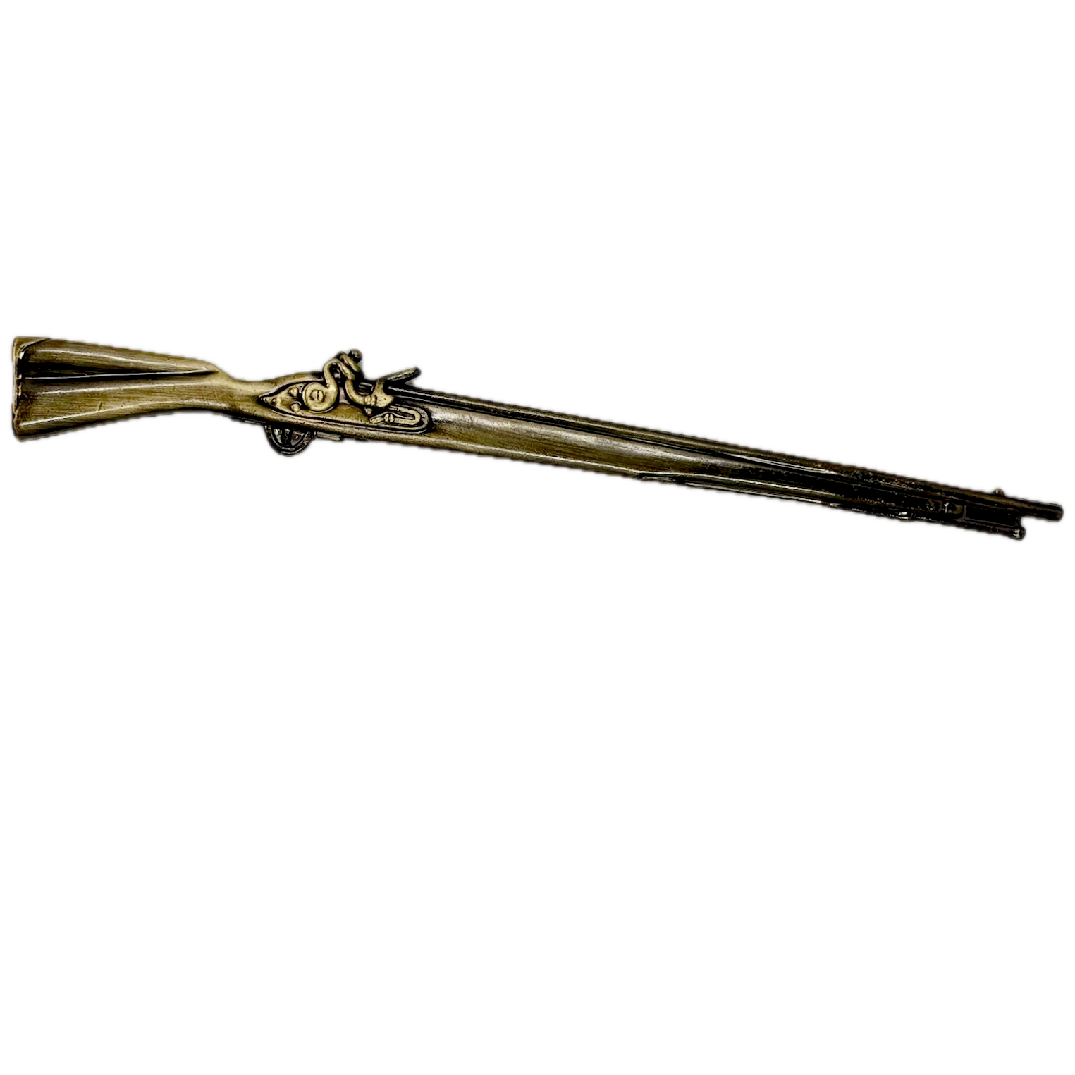 Decorative replica pewter cast musket on a white background