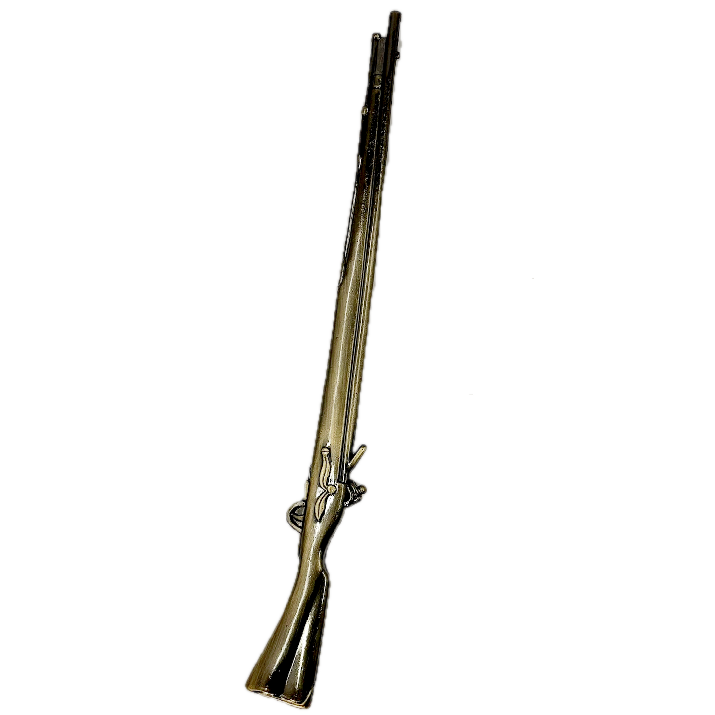 Decorative replica pewter cast musket on a white background